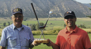 Irv Griffin, left, had a good weekend of golf at the Meeker Men’s Club Championship as he captured first place in the second flight, but he also turned in the first sub-par score of his life. J.C. Watt, right, also had another good performance over the two days of the tournament, having won the championship flight for the third straight year.