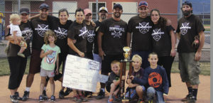 Ace Trucking capped off an undefeated coed softball season with a team title in the season-ending tournament Tuesday night at Paintbrush Park. Ace Trucking entered the tournament as the No. 1 seed and defeated No. 2 seeded New Creation Church in the championship. Pictured are: Emerson and Meredith Deming; Shiloh, Sawyer and Jody May; Ivy Coryell; Bailey Atwood; Brian Merrifield; Ron Kelly Crawford; Donald and Winter Blazon; and Obie Deming. Finley Deming, Clay Randall and Jake Blazon are in front with the trophy.