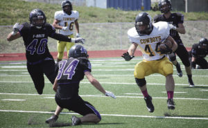 Cowboy senior Devon Pontine caught three passes from sophomore quarterback Logan Hughes against the Thunderbolts in Rye last week, including a two-point conversion. Pontine also carried the ball once and had 10 tackles on defense. Pontine and the Cowboys will play against the Roaring Fork Rams in Carbondale on Friday.