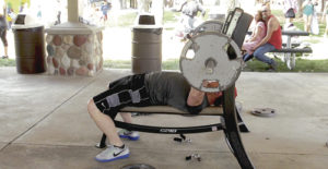 There were several “outside” competitions held during Rangely’s Septemberfest, which ran from Friday through Monday and, above, Darrell Thacker of Rangely tries his talents in the bench press contest.