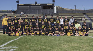 The Barone Middle School football teams played their final game of the season in Starbuck Stadium against the Glenwood Springs Demons. The seventh-graders finished with a 2-4 record and the eighth-grade finished 0-6. Playing for the young Cowboys this season were; Front row: Austen Richardson, Axel Oliva, Diego Garcia, Justin Piloni, Brandon Blaisdell, Braydon Garcia, JR Gaeta, Brady Potetz, Colton Wille, Josh Murphy, Carter Strate and Jon Baker. Middle row; Juan Oliva, Cleone McPherson, Dax Sheridan, Jeremy Woodward, Colby Clatterbaugh, Cooper Main, Trapper McGruder, Tanner Ridgeway, Elijah Deming, Cole Rogers, Chayton Bumguardner, Charles Curry and Phil Arnold. Back row; Coach Darby Finley, Ridge Williams, Kesston Hobbs, Reese Harvey, Josh Dinwiddie, Caleb Hall, coach Chip Brown, Ryan Phelan, Todd Patterson, Colby Shelton, Tevin Pelloni, Jake Shelton, Cris Aschcraft, coach Jason Browning and manager Peter Hanks. Not pictured; Tucker Slaugh.