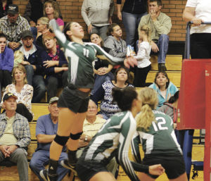 Rangely junior Lindzey Thacker (11) goes up for a spike during a match in Meeker, which the lady Panthers won in four games. Rangely also beat Hotchkiss last week but lost to Paonia. The lady Panthers will play in Oak Creek on Friday and host Caprock Academy on Saturday.