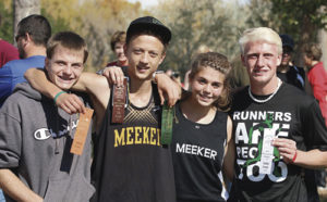 Four cross country distance runners from Rio Blanco County qualified on Saturday to compete in this weekend’s Colorado State Cross Country Meet on Saturday in Colorado Springs. From left to right are Meeker Cowboy distance runners Marshall Pool, Austin Russell, Julia Eskelson and Rangely Panther Patrick Scoggins, who took third overall.