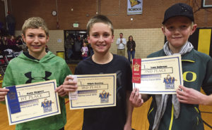 Twenty-eight area youths participated in the 2016 Denver Nuggets Skills Challenge on Jan. 23 in Meeker. Hosted by the ERBM Recreation & Park District, the event featured a basketball skills competition in dribbling, passing and shooting. Youth ages seven years to 14 competed for the chance to advance to the sectionals in Grand Junction on Feb. 21, and ages 5/6 competed for fun. Pictured above, from left to right in the 13/14-year-old age group: Cole Rogers, first, 495 points; Elijah Deming, third place, 275 points; and Lane Anderson, second, with 361 points.