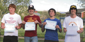 Four Meeker High School baseball players were honored by the Northwest League for their play this season. From left, sophomore Logan Hughes, junior Ty Gibson and sophomore Doak Mantle were named to the first-team all-conference team, and Cowboy senior Nick Burri was honorably mentioned.