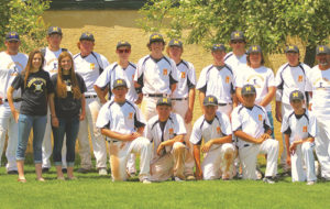 The Meeker Cowboy baseball team won its first postseason game in several years, a 9-2 victory against the Dolores Bears in Cortez on Friday, advancing them to the district championship game against the No. 1-ranked Paonia Eagles, which they lost. Meeker finished the season with an 8-12 record. Pictured in the back row, from left, are: assistant coach Donald Blazon, volunteer coach Matt Frantz, Logan Hughes, Cooper Meszaros, Nick Burri, Ty Gibson, Trapper Merrifield, Eli Newman, Uri Goedert, Garrett Frantz, Coach Brian Merrifield. Front row, from left, are: team managers Briar Meszaros and Taylor Dodds, Doak Mantle, Hunter Garcia, Eli Hanks, Lou Villalpando, CJ Wangnild.