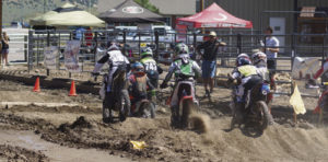 This group of young riders is clustered after leaving the starting line in Saturday’s Meeker Moto Mayhem held at the Rio Blanco County Fairgrounds, sponsored by the Western Slope circuit that is headquartered in Montrose. A good crowd was on hand as lots of riders, most from Rio Blanco County, took part in the full day events.