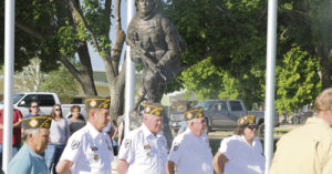 On Monday morning, the public joined men and women from the Rangely Veterans of Foreign Wars Post at Hefley Park in downtown Rangely for the laying of a wreath at the Rangely Veterans Memorial. Other items such as flowers and an American flag were also laid at the foot of the statue. Excellent weather brought out a solid crowd to remember those who gave their lives in service to America.