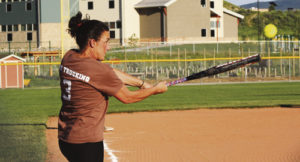 Winter Blazon, who plays for the defending coed softball champions Ace Trucking, is pictured getting a hit during a recent game at Paintbrush Park. The ERBM Recreation and Parks District sponsors the coed league, hosting games on Mondays and Wednesday in June and July. Ace Trucking remains undefeated and the team to beat.