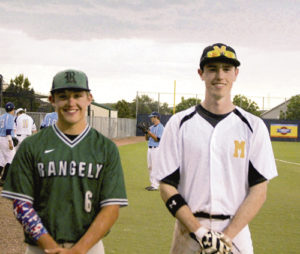 Jesse Powell, left of Rangely, and Nick Burri, right, of Meeker represented Rio Blanco County on Thursday in the Senior All-Star Baseball Game. The two played on the Western Slope 1A-5A team. Unfortunately, the Western Slope team fell 9-7, but the boys both said that it was a great game that created great memories for them.