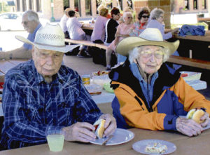 Joe Sullivan celebrated his 97th birthday on Sunday with Ethel Starbuck and several others at the Rio Blanco County Historical Society’s quarterly meeting, with lunch being served under the new pavilion on Fifth Street. After lunch, the group gathered to honor the heritage of Meeker’s volunteer fire department. Several retired and current firemen were also in attendance.