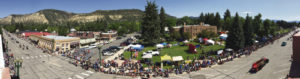 This is a panoramic view of Meeker’s Range Call Parade, held Monday morning along Main Street in the downtown area. The parade ran from 7th Street to 4th Street, and this photo, taken using an iPhone, views the entire length of the parade route. One can see the beginning of the parade lineup at the far right nearing the end of the route, all the way to the end of the lineup at the far left. In between, the intersection of 7th and Main streets, and all of the vendors, booths, games and crowd lined up in front of the Rio Blanco County Courthouse. Crowds lined both streets to enjoy the spectacle, which featured a record number of entries this year.