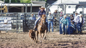 Competing in a mud-packed arena after Friday night and Saturday night downpours, Ellie Anderson of Meeker took part in the Colorado Professional Rodeo Association-sanctioned rodeo at the Rio Blanco County Fairgrounds on Sunday evening. The stands had a good crowd on hand for the rodeo and all other events during the four-day Range Call Celebration.