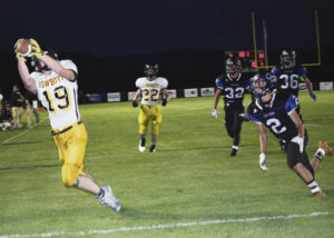 For a second week in a row, Meeker senior Cole Brown has caught a touchdown pass from junior quarterback Logan Hughes. Brown caught four pass in the 30-14 win against the 2A Coal Ridge Titans. The Cowboys will host the Holyoke Dragons on the brand new field in Starbuck Stadium, this Friday at 7 p.m.